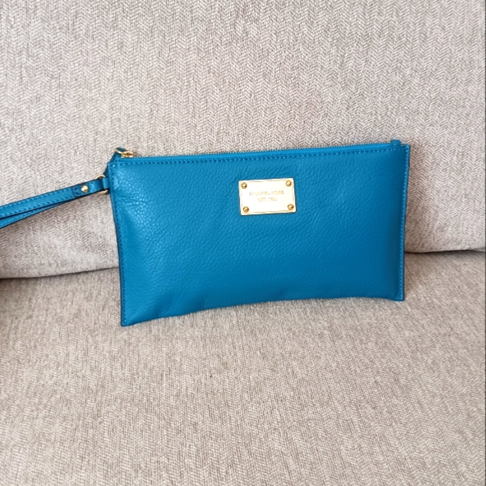 Michael Kors turquoise pebbled leather large slim wristlet, wallet